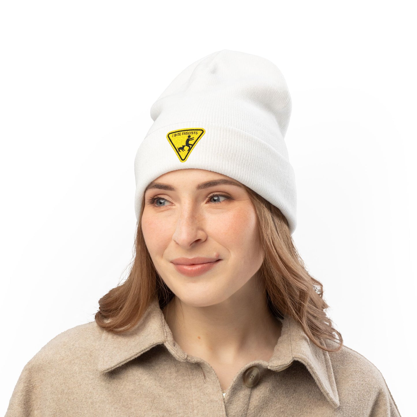 Anti-Fascist Embroidered Knit Beanie | I Bite Fascists